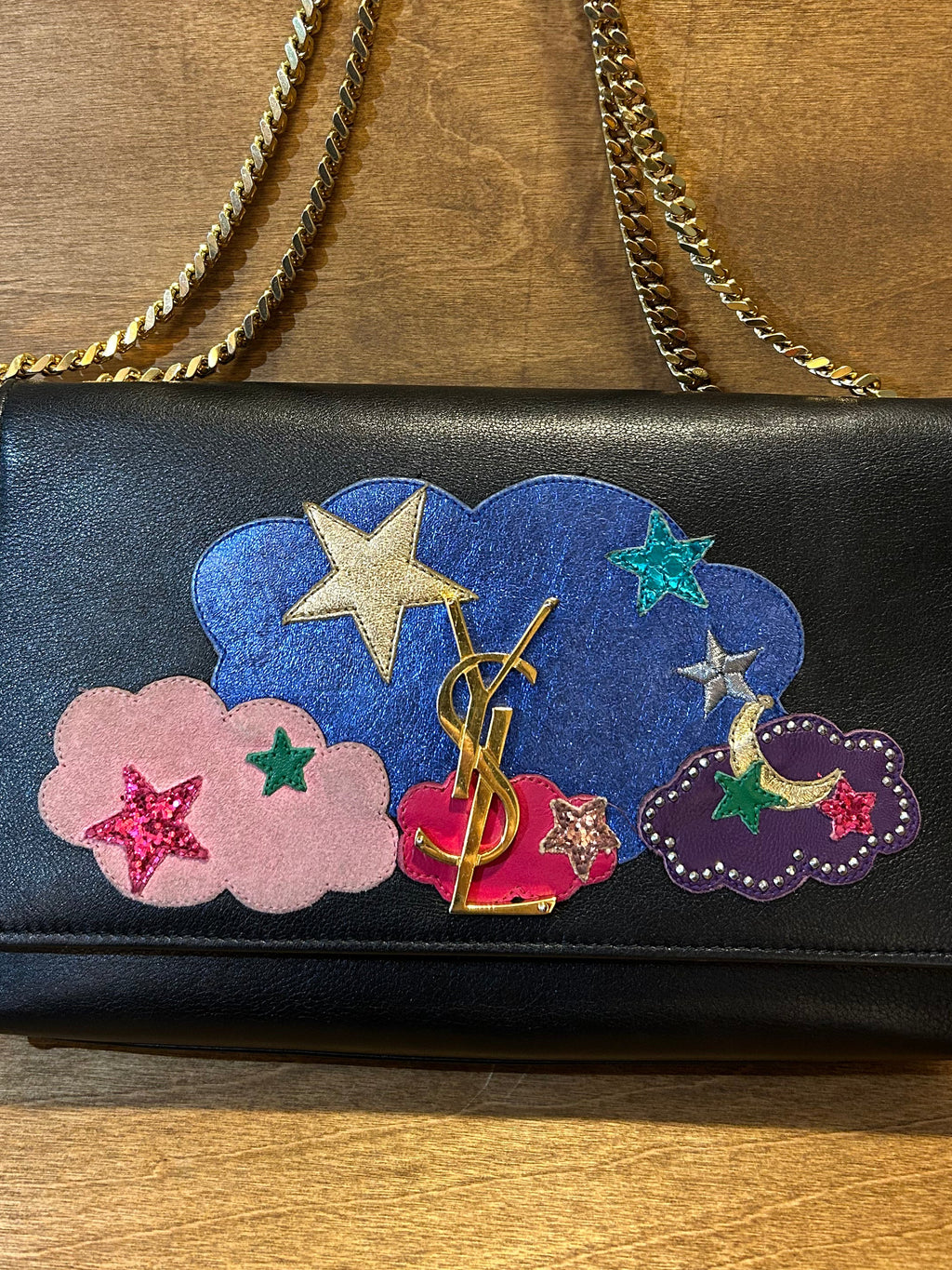 Authentic Saint Laurent YSL Kate Bag in Embellished Cloud and Star Patchwork Leather