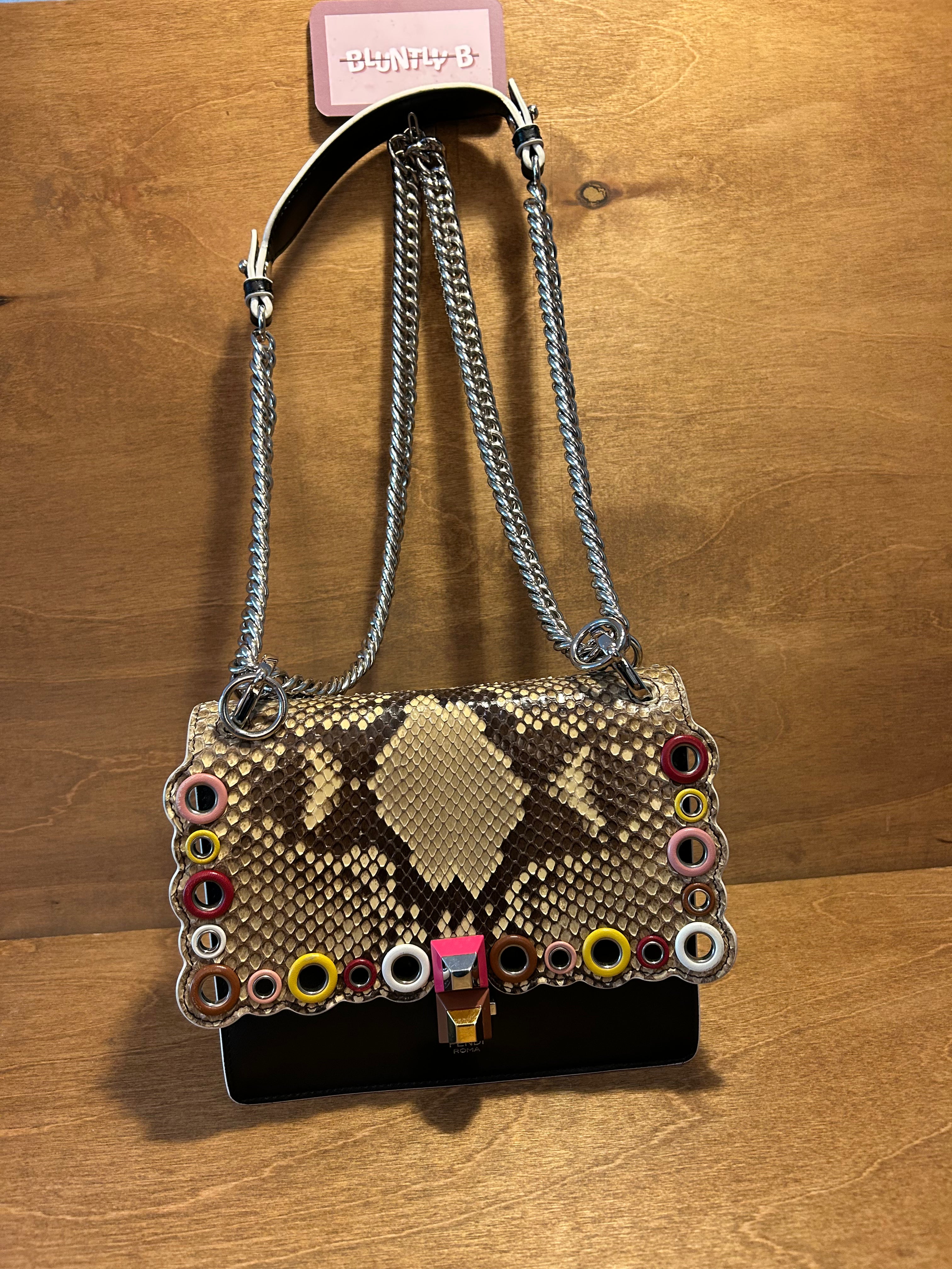 Authentic Fendi Kan Chain Shoulder Bag in Black Calfskin and Scalloped Snakeskin Flap