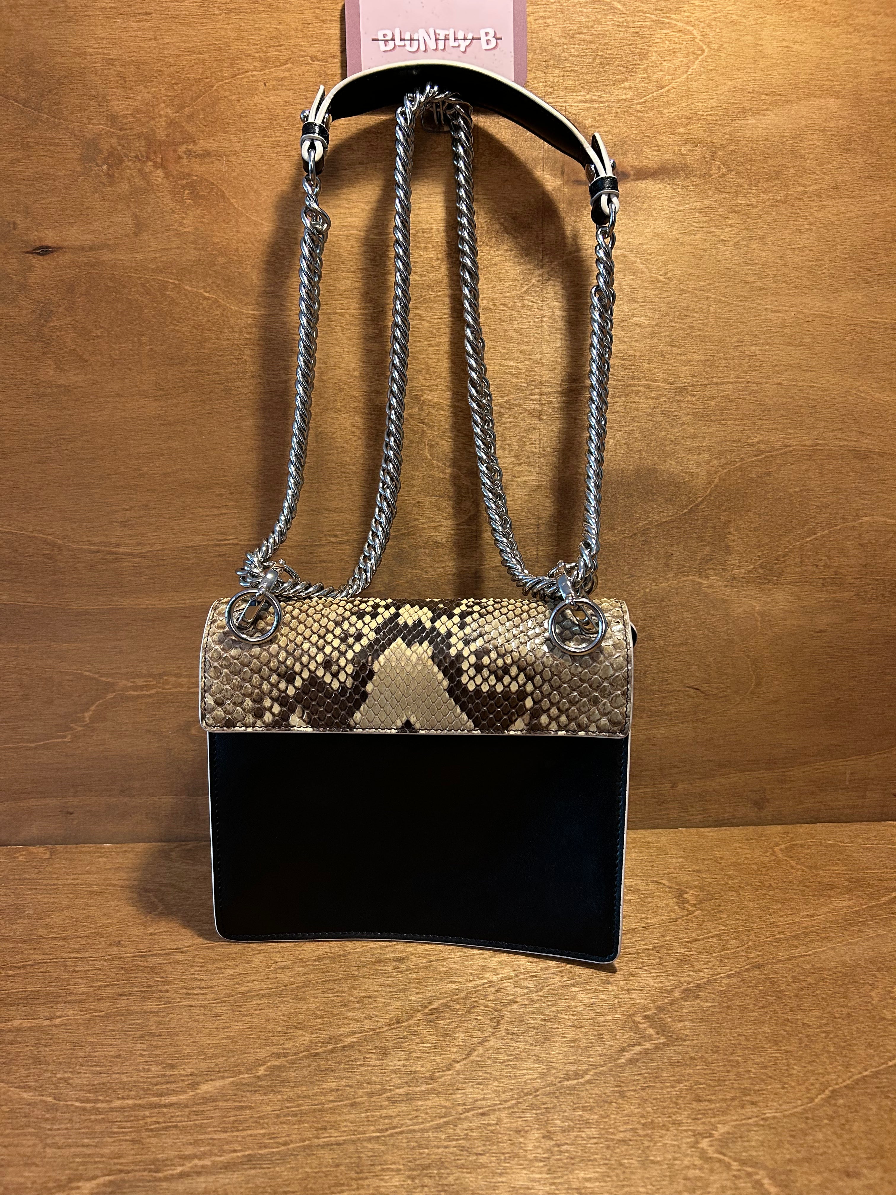 Authentic Fendi Kan Chain Shoulder Bag in Black Calfskin and Scalloped Snakeskin Flap