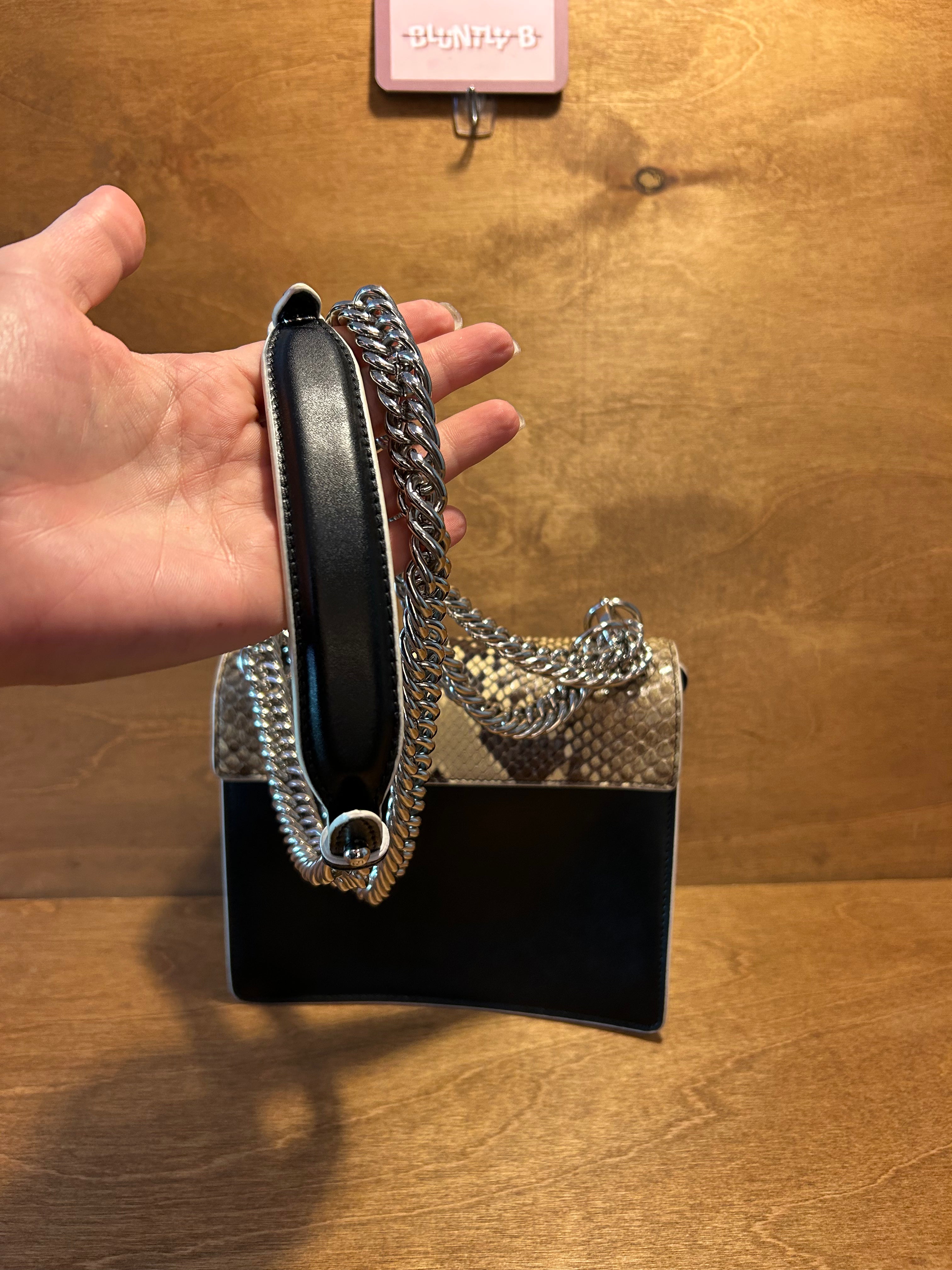 Authentic Fendi Kan Chain Shoulder Bag in Black Calfskin and Scalloped Snakeskin Flap
