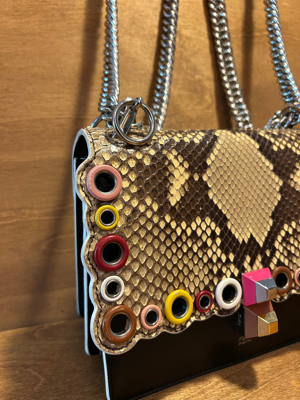 Authentic Fendi Kan Chain Shoulder Bag in Black Calfskin and Scalloped Snakeskin Flap