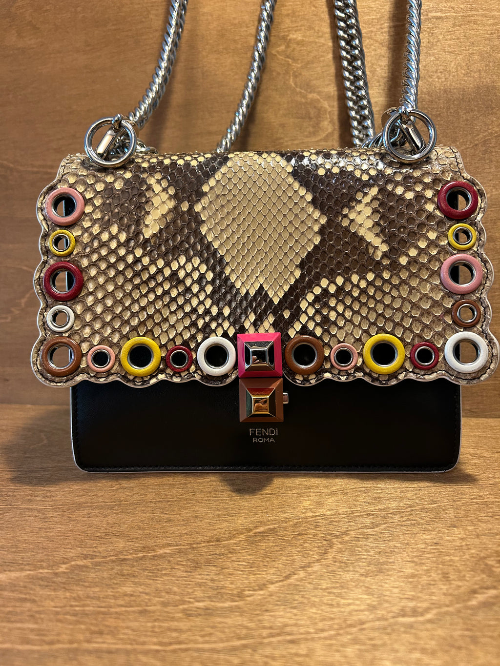 Authentic Fendi Kan Chain Shoulder Bag in Black Calfskin and Scalloped Snakeskin Flap