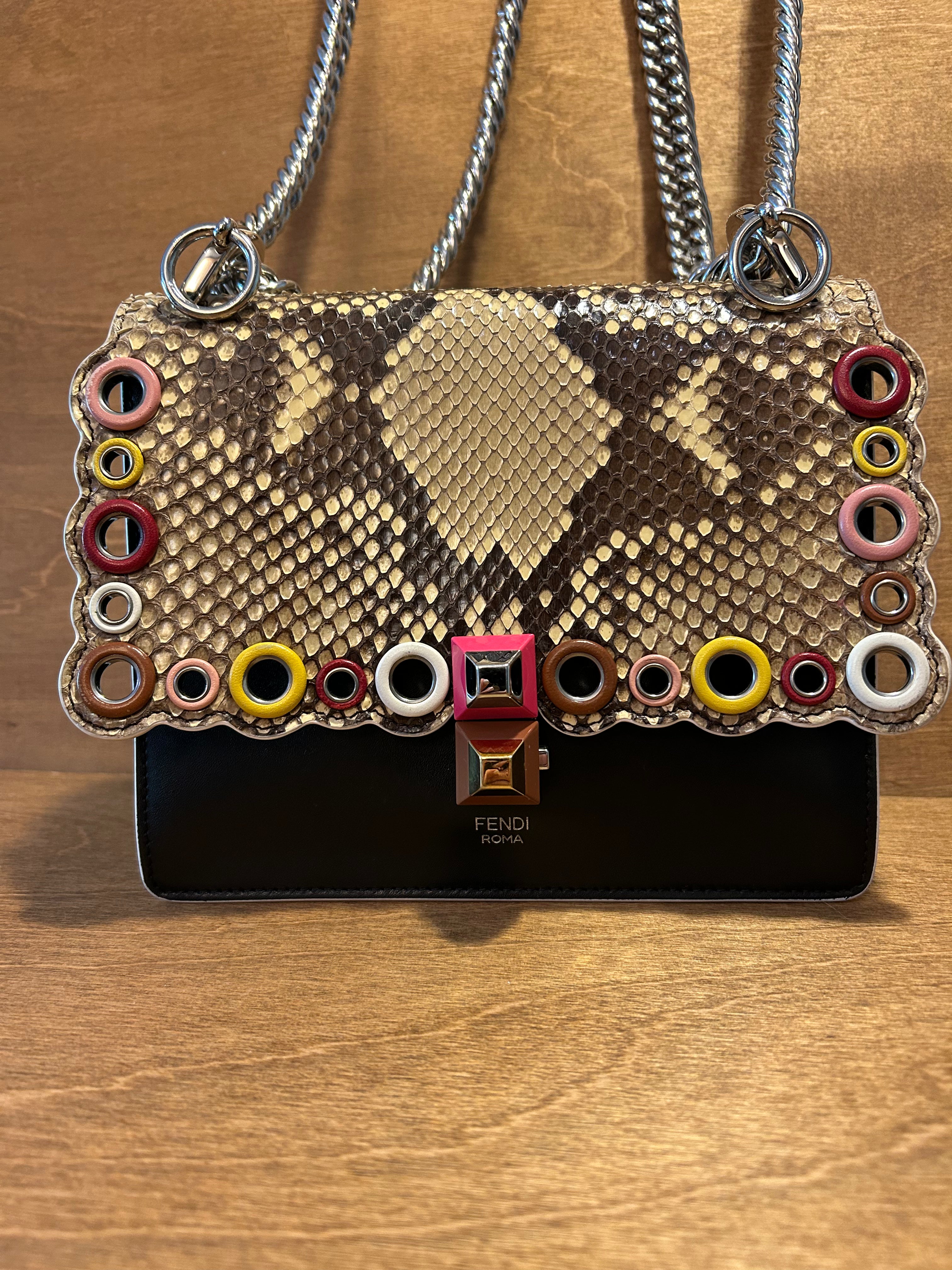 Authentic Fendi Kan Chain Shoulder Bag in Black Calfskin and Scalloped Snakeskin Flap