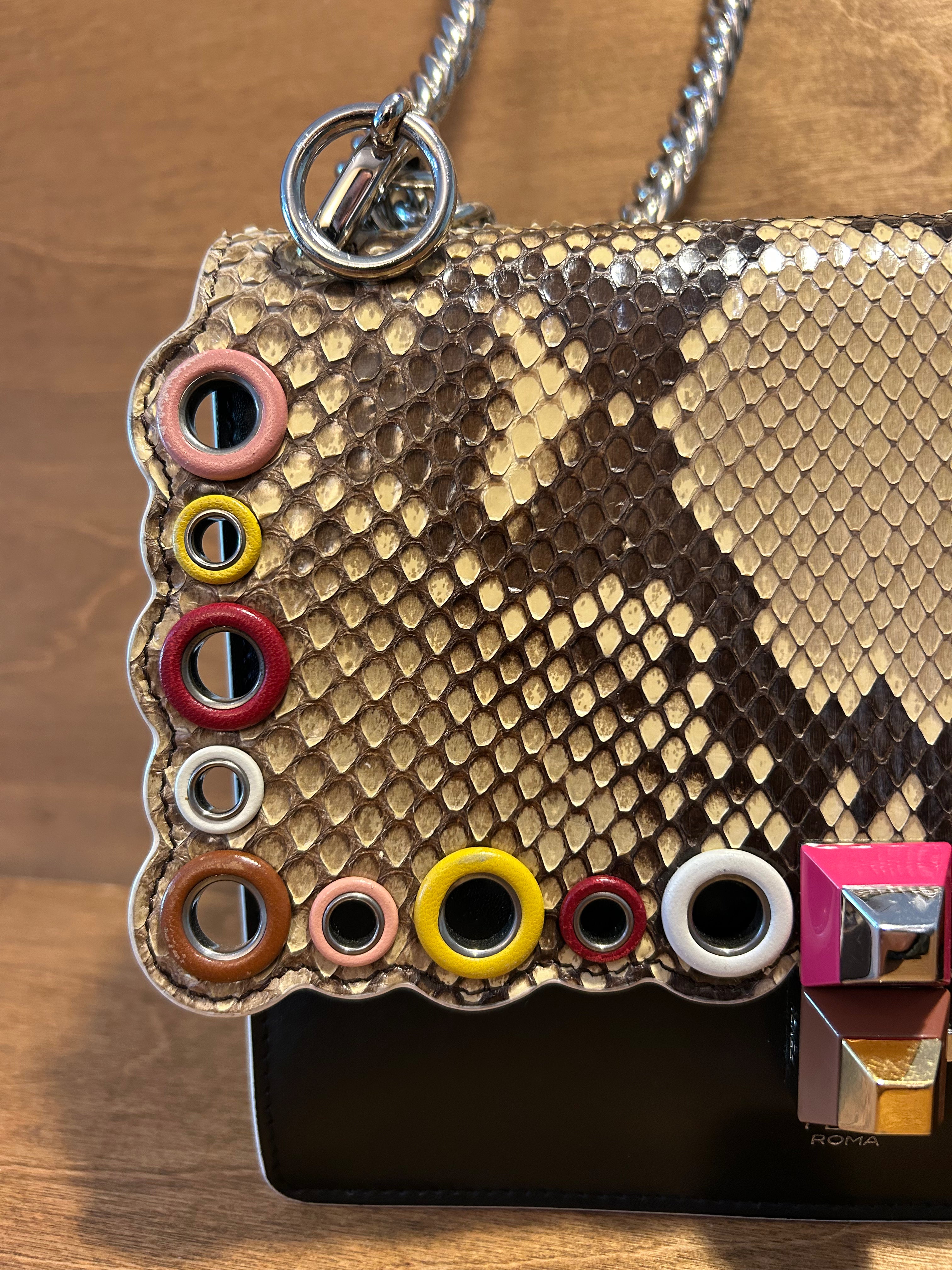 Authentic Fendi Kan Chain Shoulder Bag in Black Calfskin and Scalloped Snakeskin Flap