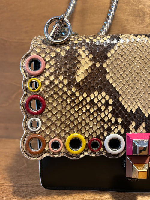 Authentic Fendi Kan Chain Shoulder Bag in Black Calfskin and Scalloped Snakeskin Flap