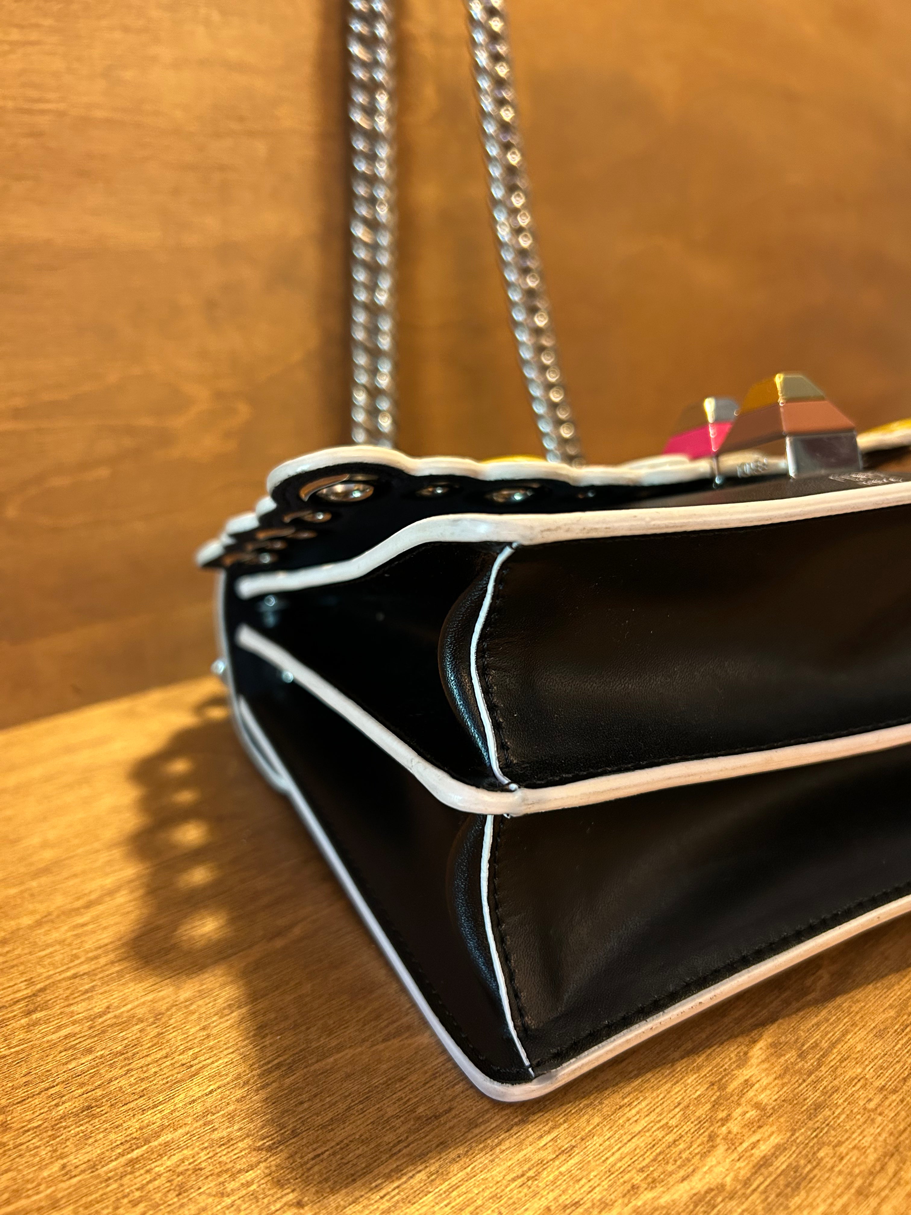Authentic Fendi Kan Chain Shoulder Bag in Black Calfskin and Scalloped Snakeskin Flap