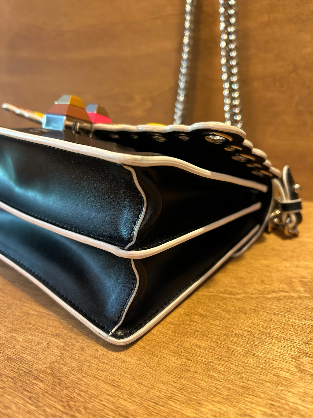 Authentic Fendi Kan Chain Shoulder Bag in Black Calfskin and Scalloped Snakeskin Flap