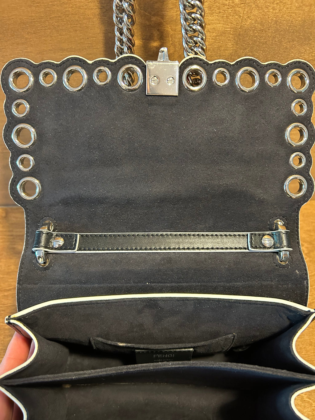 Authentic Fendi Kan Chain Shoulder Bag in Black Calfskin and Scalloped Snakeskin Flap