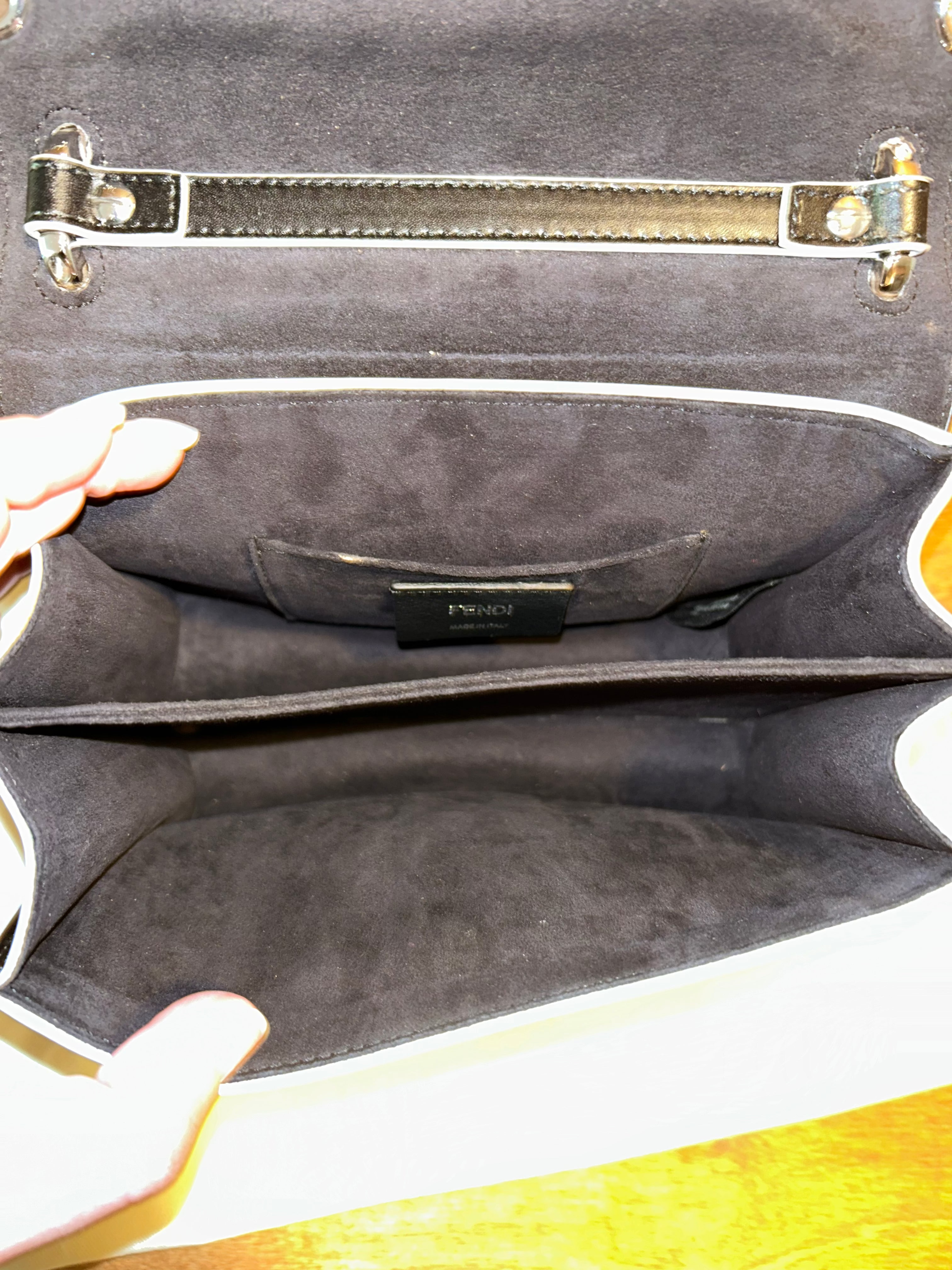 Authentic Fendi Kan Chain Shoulder Bag in Black Calfskin and Scalloped Snakeskin Flap