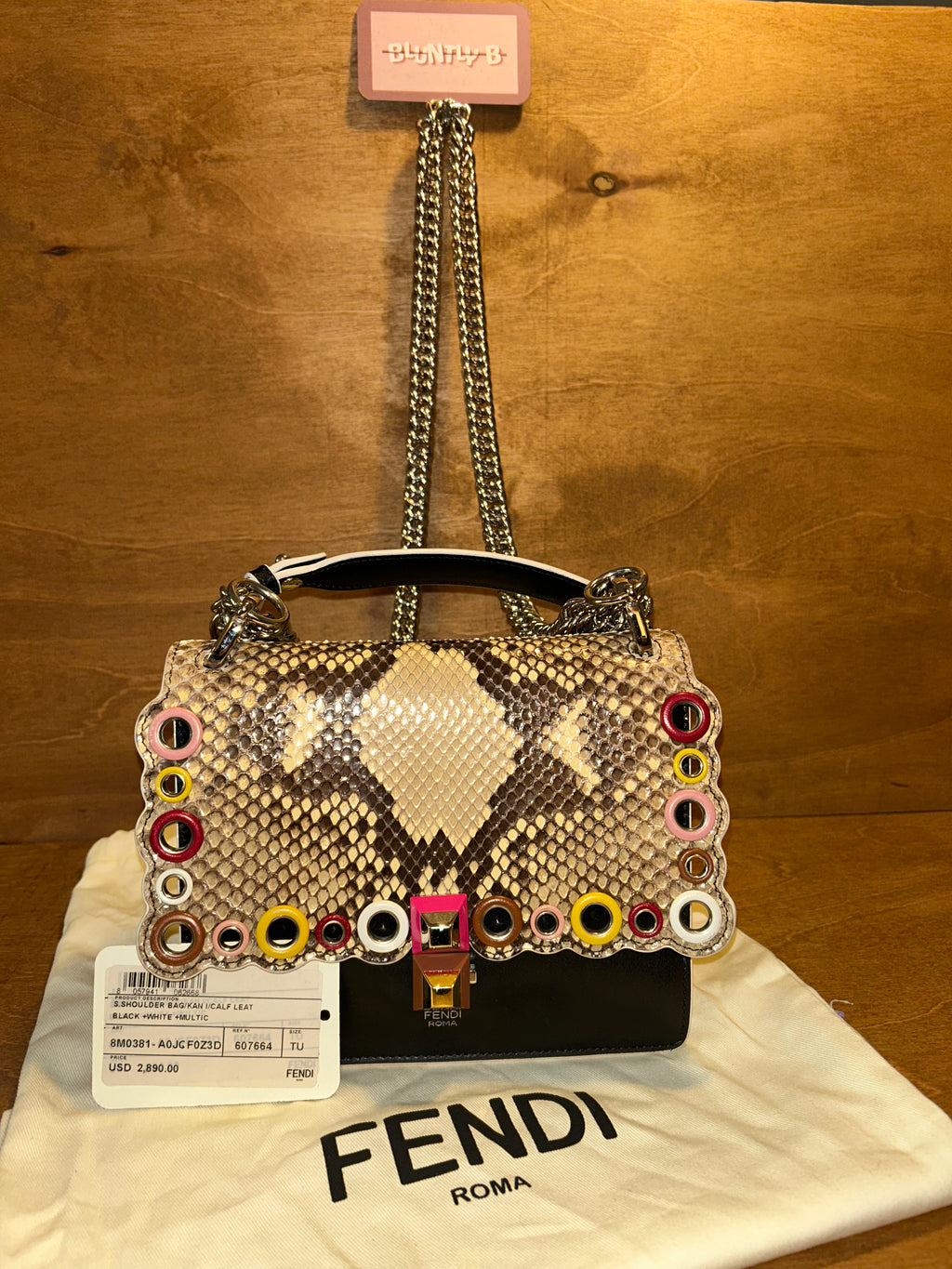Authentic Fendi Kan Chain Shoulder Bag in Black Calfskin and Scalloped Snakeskin Flap