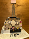 Authentic Fendi Kan Chain Shoulder Bag in Black Calfskin and Scalloped Snakeskin Flap
