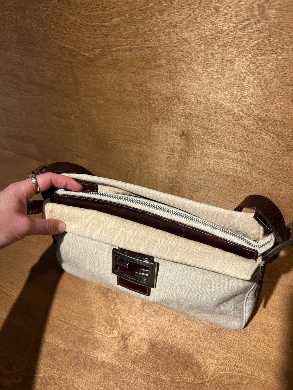 Authentic Fendi Vintage Pocket Shoulder Bag Zucca - Neutral Canvas Small